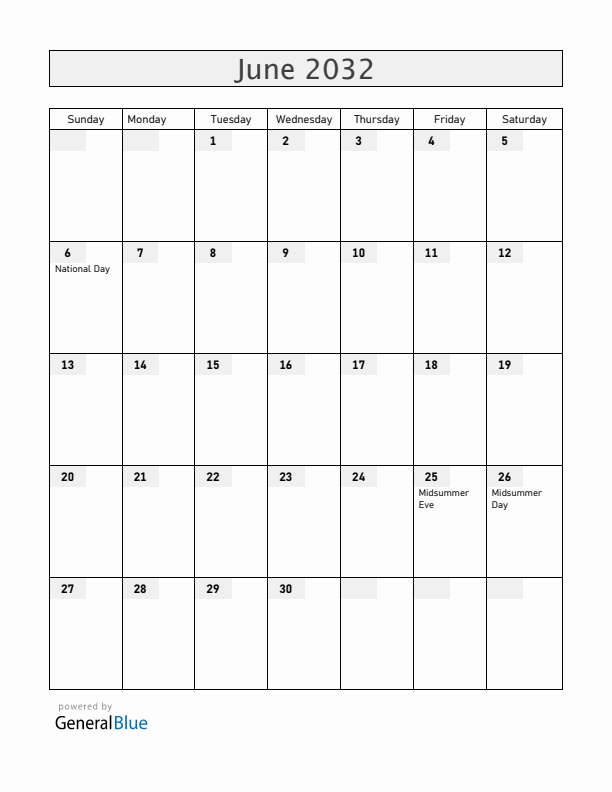 Sweden June 2032 Calendar with Holidays
