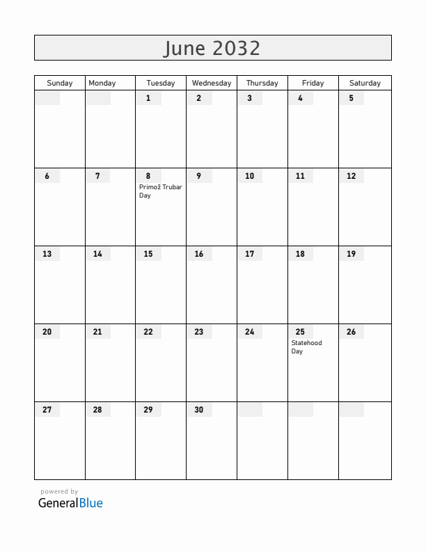 Slovenia June 2032 Calendar with Holidays
