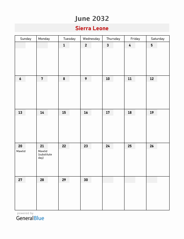 Sierra Leone June 2032 Calendar with Holidays