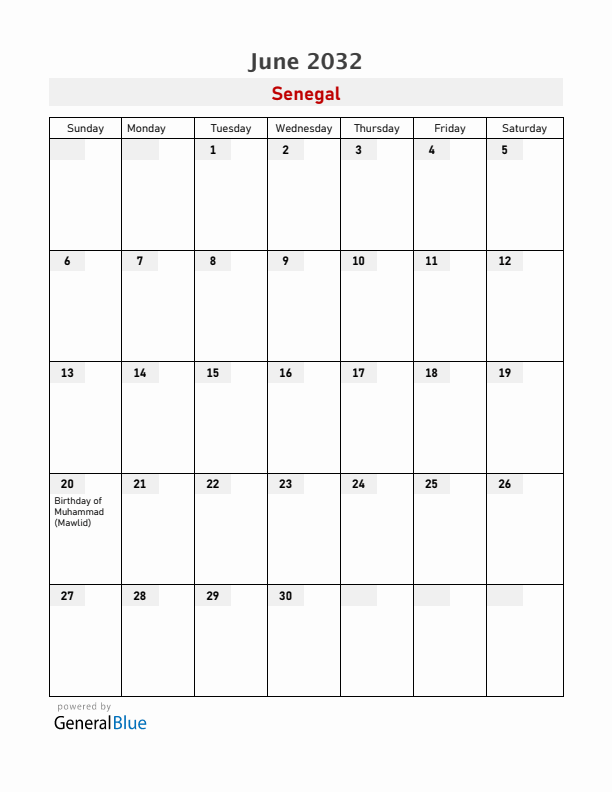 Senegal June 2032 Calendar with Holidays