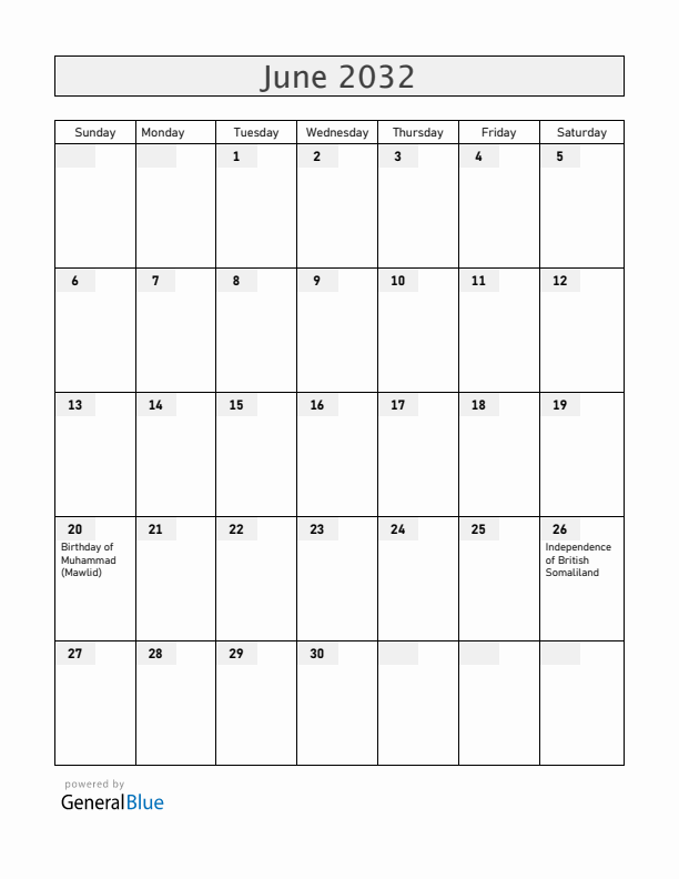 Somalia June 2032 Calendar with Holidays