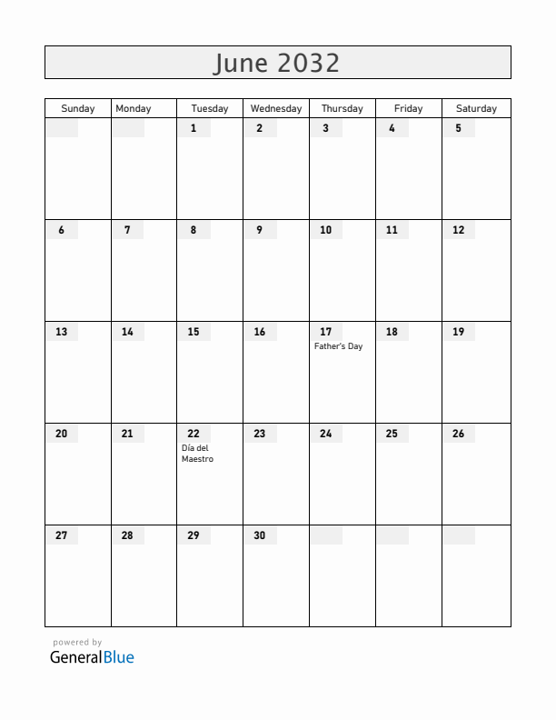El Salvador June 2032 Calendar with Holidays