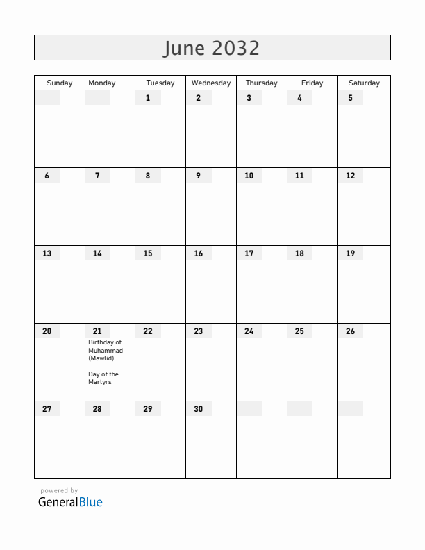 Togo June 2032 Calendar with Holidays