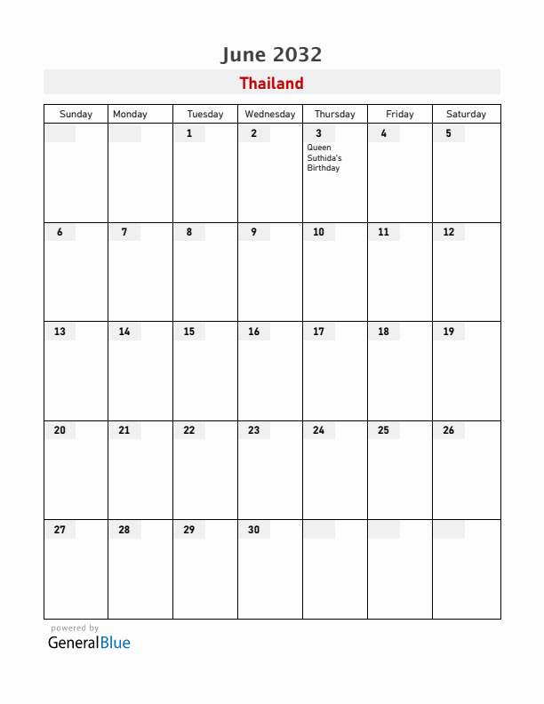 Thailand June 2032 Calendar with Holidays