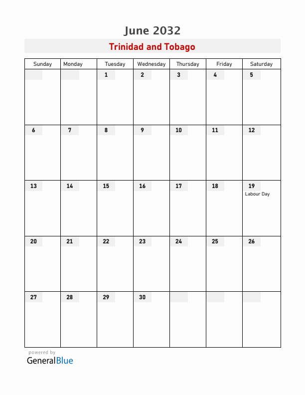 Trinidad and Tobago June 2032 Calendar with Holidays