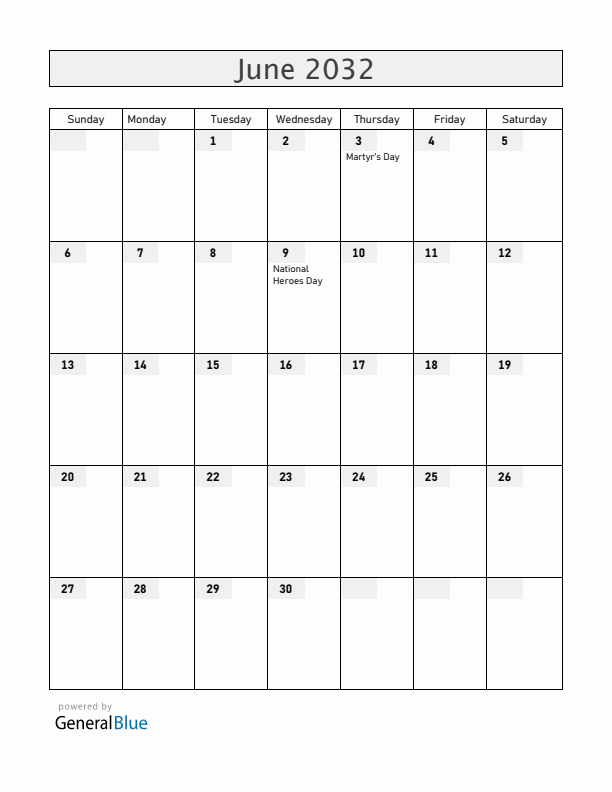 Uganda June 2032 Calendar with Holidays