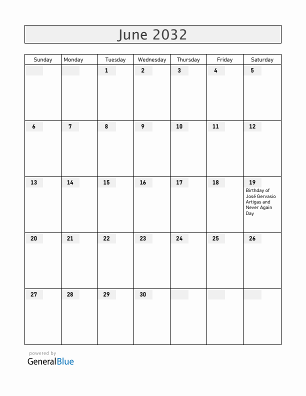 Uruguay June 2032 Calendar with Holidays