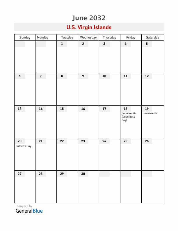 U.S. Virgin Islands June 2032 Calendar with Holidays