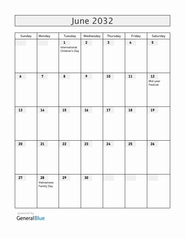 Vietnam June 2032 Calendar with Holidays
