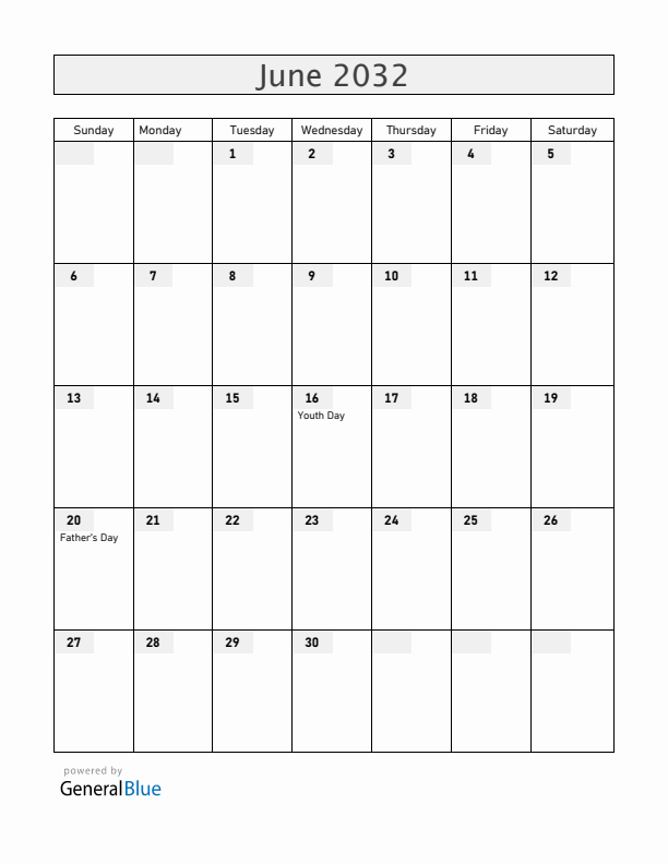 South Africa June 2032 Calendar with Holidays