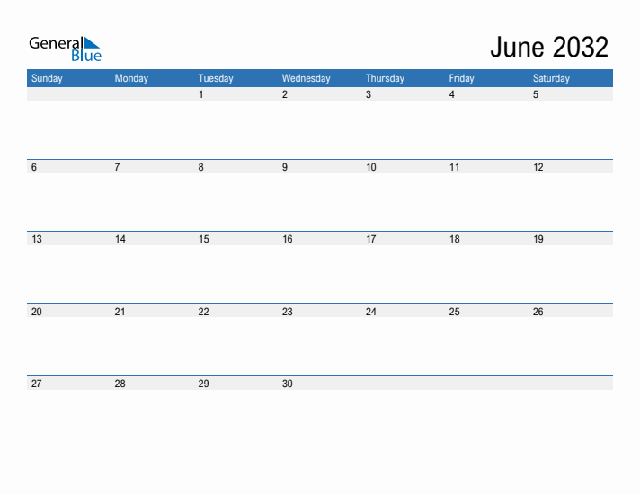 Fillable Calendar for June 2032