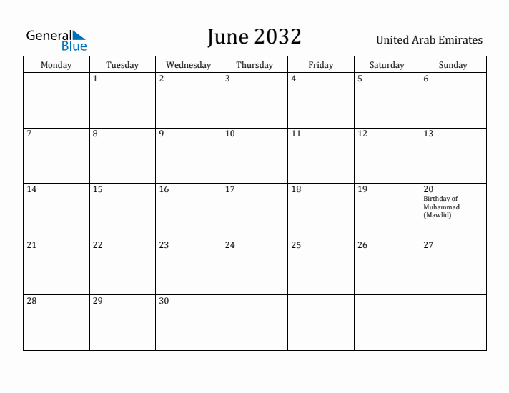 June 2032 Calendar United Arab Emirates