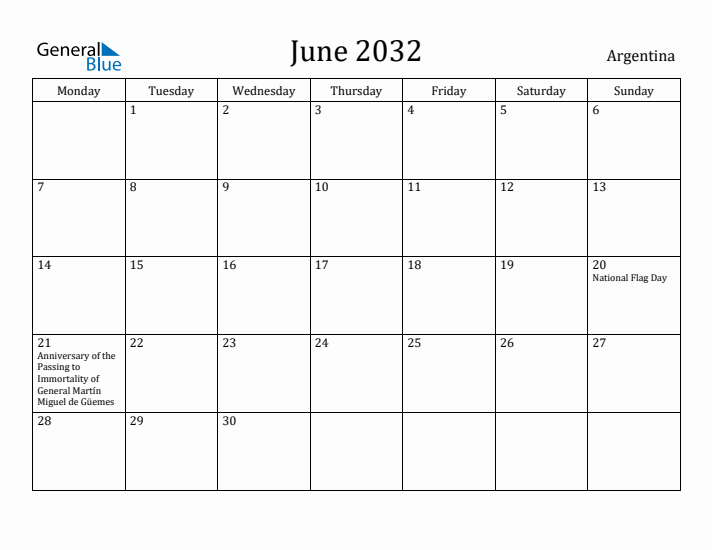 June 2032 Calendar Argentina