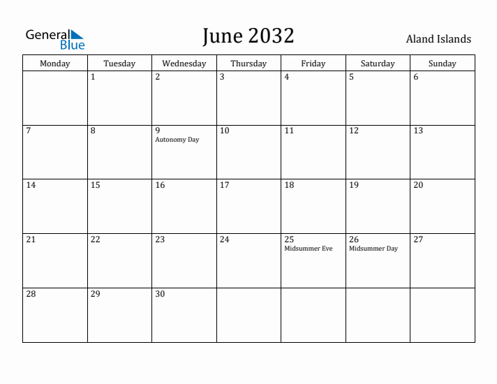 June 2032 Calendar Aland Islands