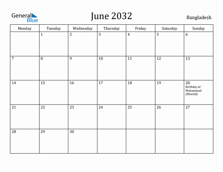 June 2032 Calendar Bangladesh
