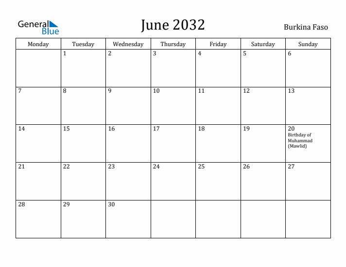 June 2032 Calendar Burkina Faso
