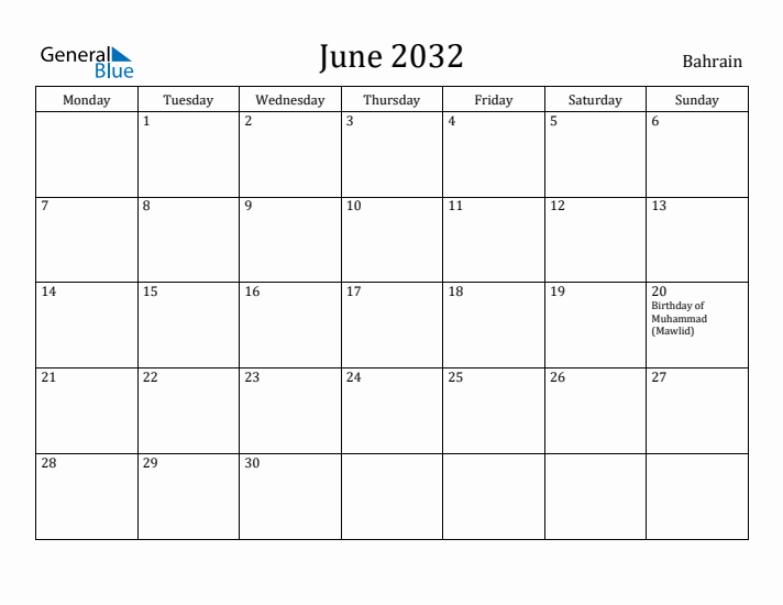 June 2032 Calendar Bahrain