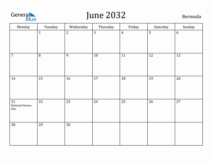 June 2032 Calendar Bermuda