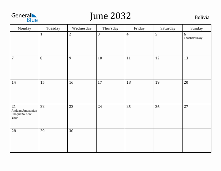 June 2032 Calendar Bolivia
