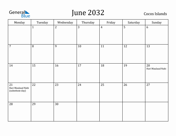June 2032 Calendar Cocos Islands