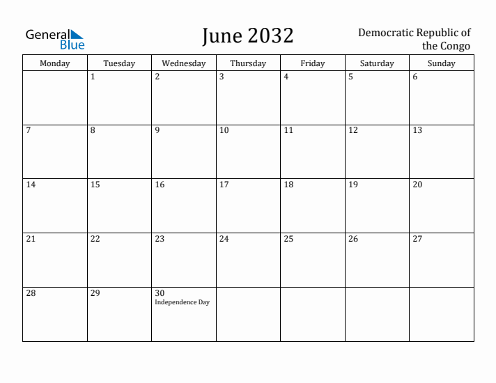 June 2032 Calendar Democratic Republic of the Congo