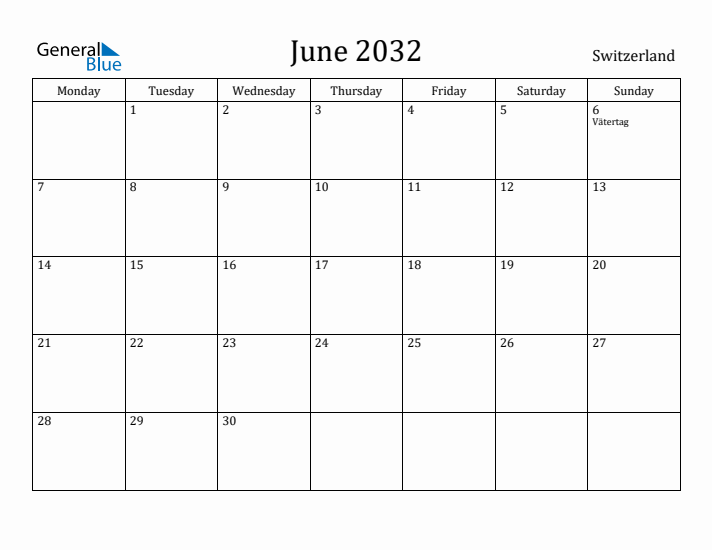 June 2032 Calendar Switzerland