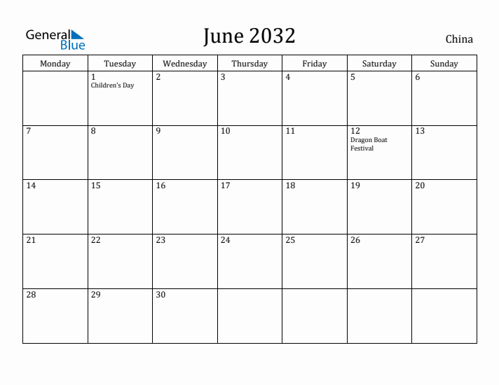 June 2032 Calendar China