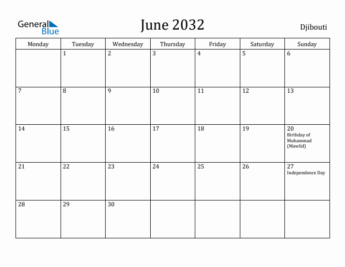 June 2032 Calendar Djibouti