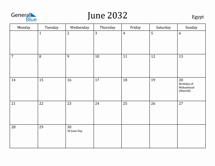 June 2032 Calendar Egypt