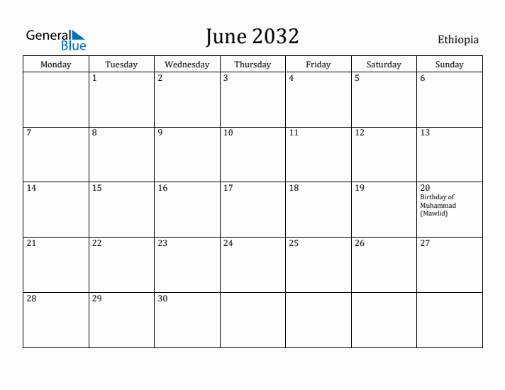 June 2032 Calendar Ethiopia