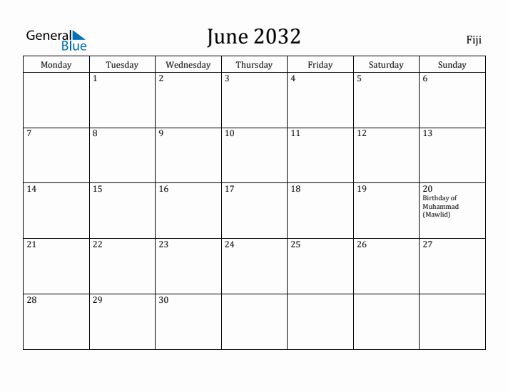 June 2032 Calendar Fiji