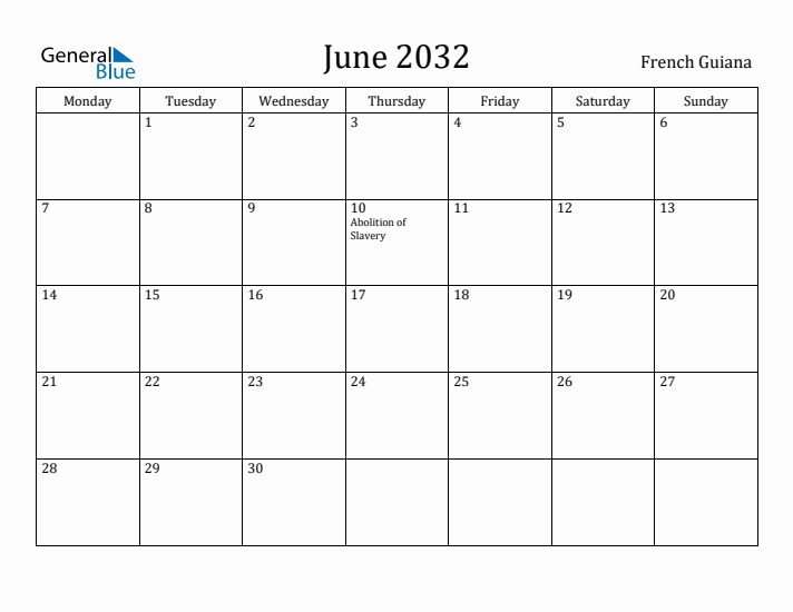 June 2032 Calendar French Guiana
