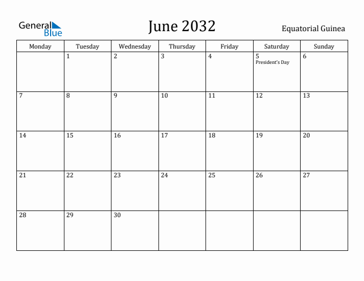 June 2032 Calendar Equatorial Guinea