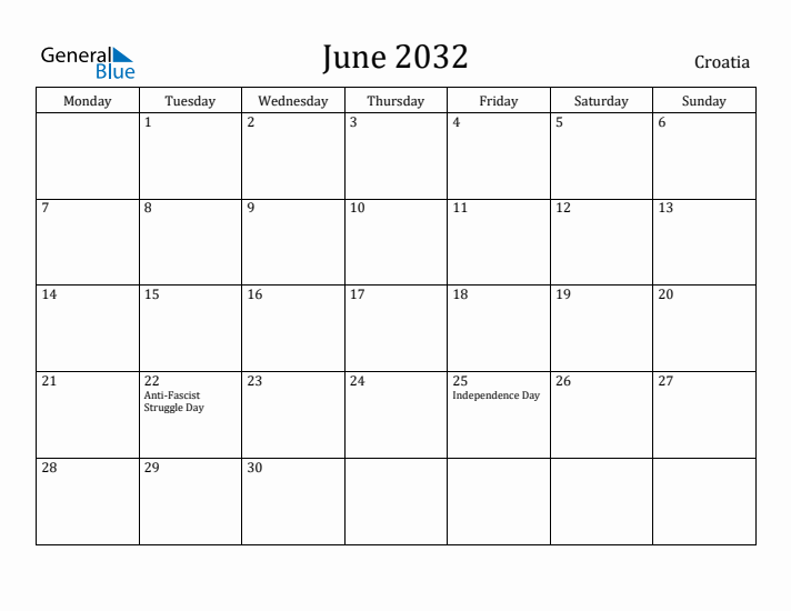 June 2032 Calendar Croatia