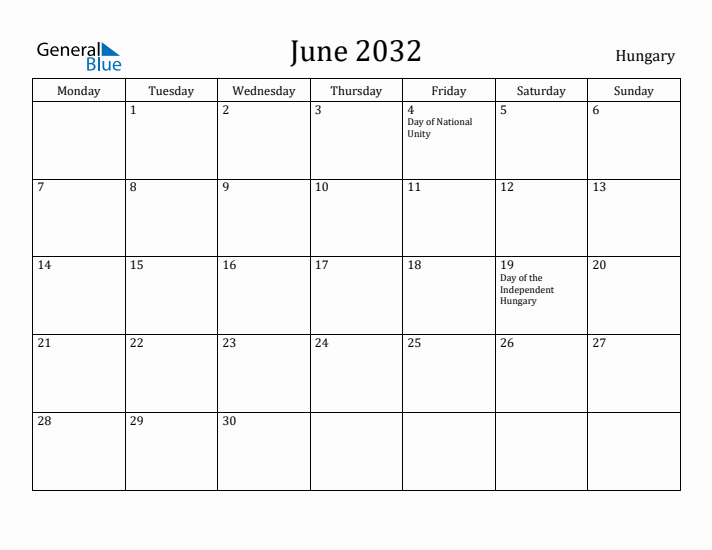June 2032 Calendar Hungary