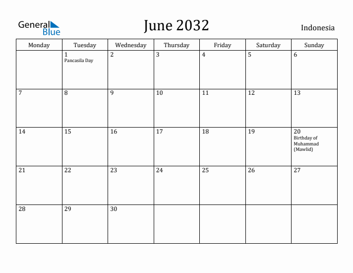 June 2032 Calendar Indonesia
