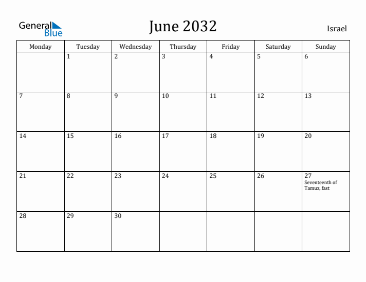 June 2032 Calendar Israel