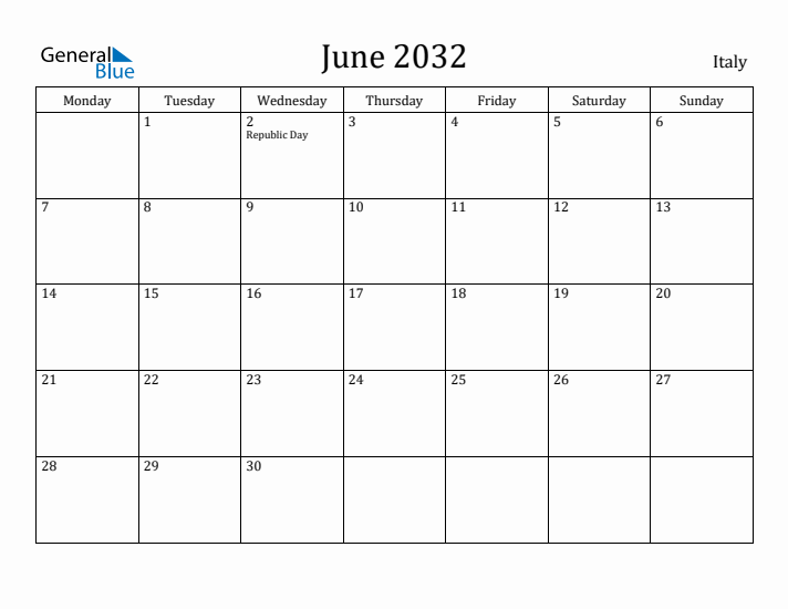 June 2032 Calendar Italy