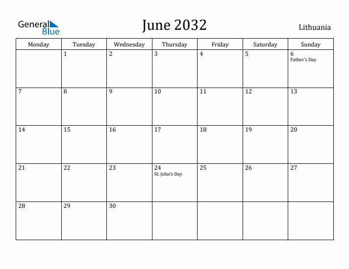 June 2032 Calendar Lithuania