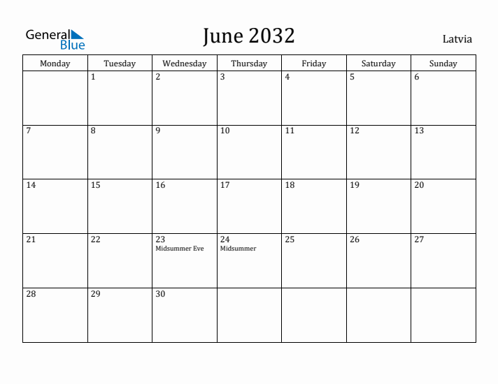 June 2032 Calendar Latvia