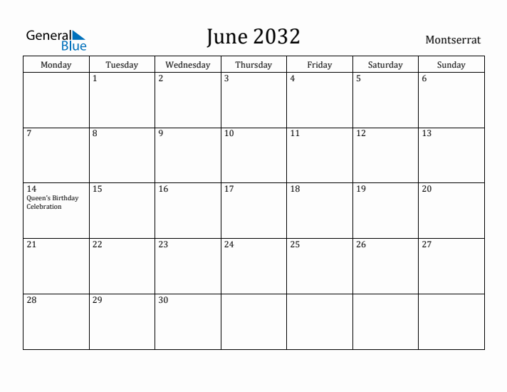 June 2032 Calendar Montserrat
