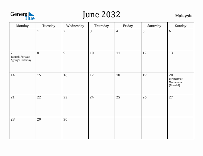 June 2032 Calendar Malaysia