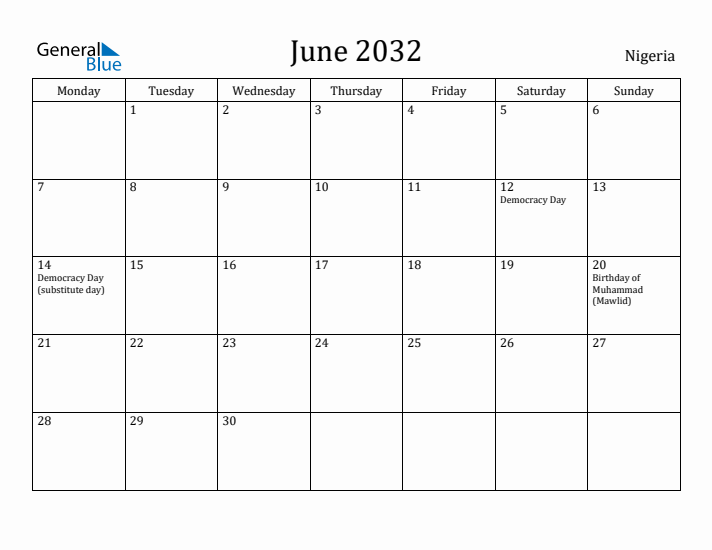 June 2032 Calendar Nigeria