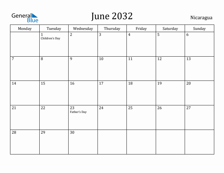 June 2032 Calendar Nicaragua