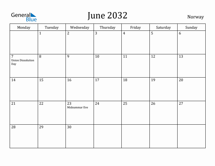 June 2032 Calendar Norway