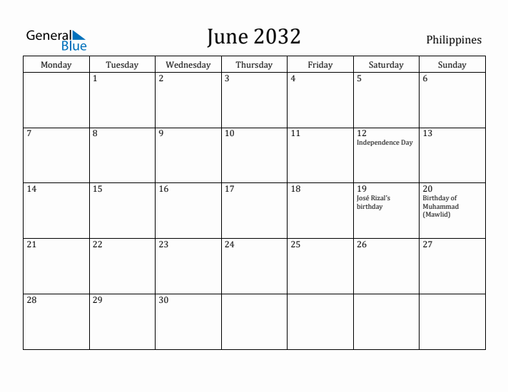 June 2032 Calendar Philippines