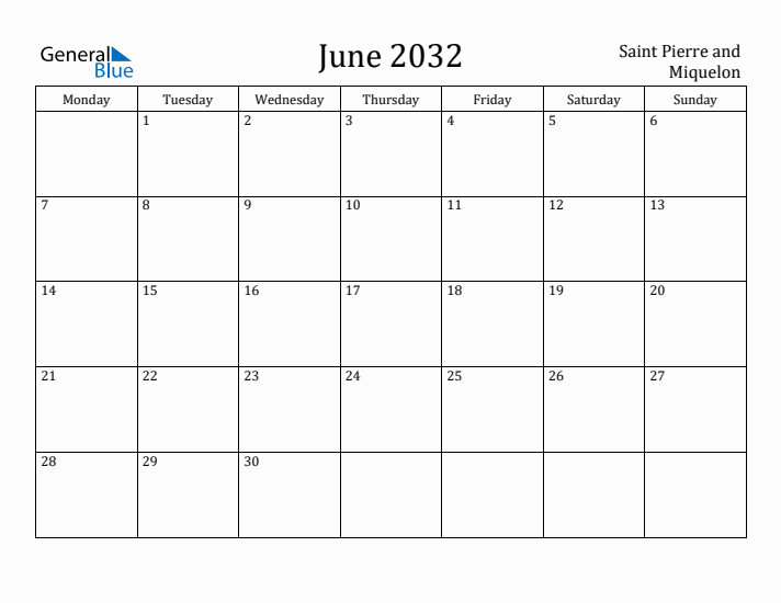 June 2032 Calendar Saint Pierre and Miquelon