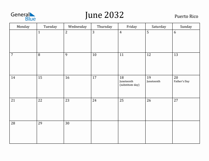 June 2032 Calendar Puerto Rico
