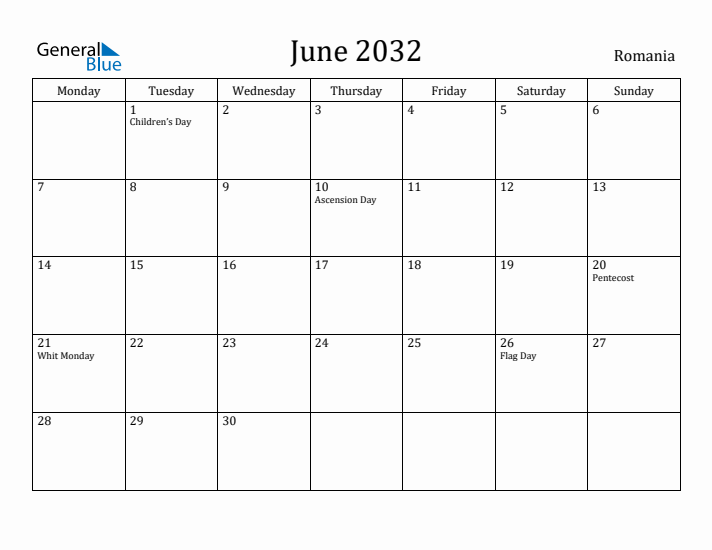 June 2032 Calendar Romania