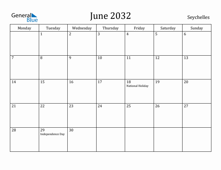 June 2032 Calendar Seychelles
